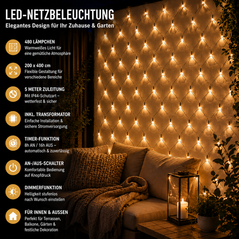 Netzbeleuchtung Schwarz 480L 200X400Cm Klassisch Warmweiß
