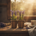 Two potted lavender plants with tall purple flower spikes and green foliage in rustic terracotta pots with black wire mesh