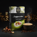 Bardollini cappuccino haselnuss tee 100g verpackung in grün und schwarz mit blattdesign und getränk mit nüssen