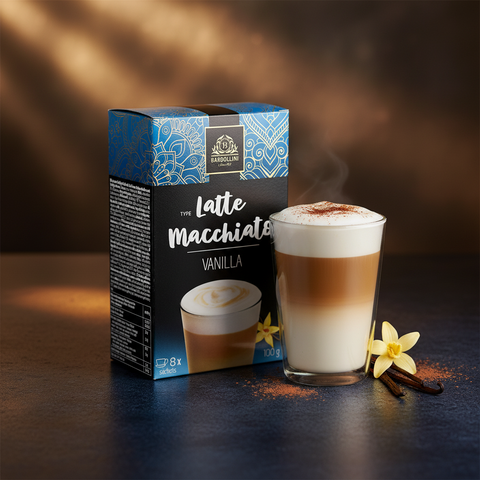 Bardollini latte macchiato vanillie 100g kaffeekapselbox mit blauer und schwarzer verpackung und goldenen mustern