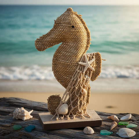 Handgewebte beige seepferdchen figur mit seestern und netz auf holzsockel 215 cm groß