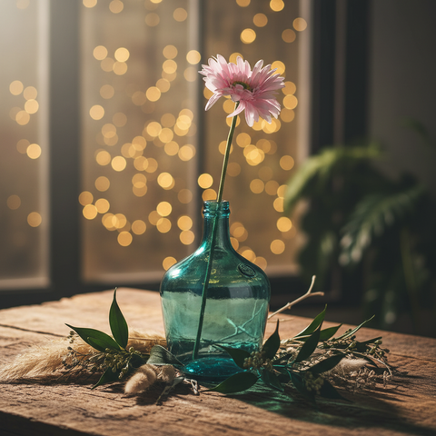 Eine künstliche rosa gerbera 50cm mit zartem blütenkopf in einer durchsichtigen teal glasflasche umgeben von rustikalem laub