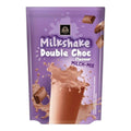 Purple pouch of bardollini milchshake schoko 120g double choc flavour with chocolate chunks and milk splashes on packaging