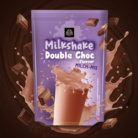 Purple pouch of bardollini milchshake schoko 120g double choc flavor with chocolate chunks and milk splashes on packaging