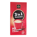 Roter karton barilla löslicher kaffee 3in1 128g mit schwarzem etikett und dampfenden roten tassen