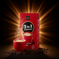 Roter karton von barilla löslicher kaffee 3in1 128g mit schwarzem rundem etikett und dampfenden roten tassen