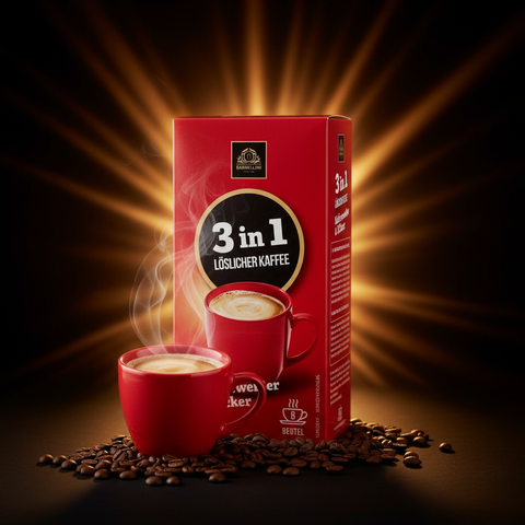 Roter karton von barilla löslicher kaffee 3in1 128g mit schwarzem rundem etikett und dampfenden roten tassen