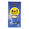 Blauer rechteckiger bardollini löslicher kaffee 2 in 1 104g karton mit gelbem etikett und tassenillustration