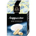 Bardolini cappuchino weiße schokolade snack box mit blau gelbem blumenmuster und dampfender hellblauer kaffeetasse daneben