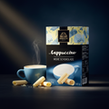 Bardollini cappuchino weiße schokolade 100g snackbox mit blau gelbem floralem design und dampfender hellblauer kaffeetasse