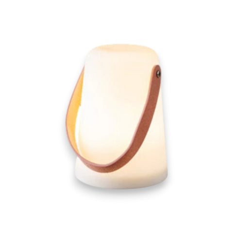 Led-laterne outdoor portable cream-colored softly glowing lamp with brown leather strap for outdoor use