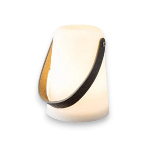 Led-laterne outdoor led table lamp cream color with soft glow sleek curved body and dark brown leather strap handle
