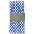 Blau weiß kariertes tischläufer 140x32 cm mit stoffstruktur und dekoris grauem etikett