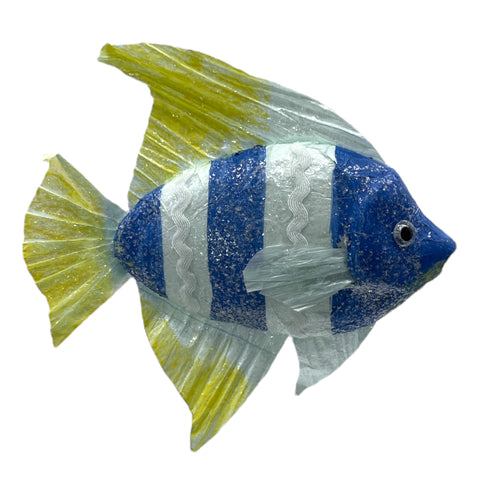 Anhänger fisch 19 cm blau gelb mit blau weißen streifen und glitzerstruktur gelben durchscheinenden flossen