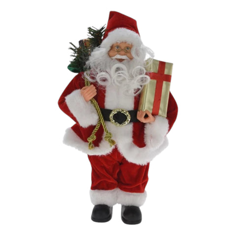 Weihnachtsmann stehend 30cm rote samtfigur mit weißem fellbesatz hält geschenk und trägt kieferzweig