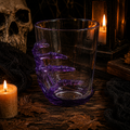 Trinkbecher skeletthand 430 ml aus transparentem lila glas mit detailreichem skelett handgriff