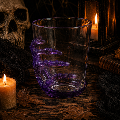 Trinkbecher skeletthand 430 ml aus transparentem lila glas mit detailreichem skelett handgriff