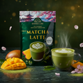 Ein lebendiger grüner bardollini matcha latte mango 90g beutel mit kirschblüte und pagode design in goldschrift