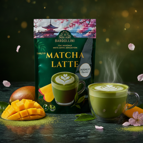 Ein lebendiger grüner bardollini matcha latte mango 90g beutel mit kirschblüte und pagode design in goldschrift