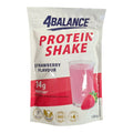 Weiß-rotes 4balance protein shake pouch in erdbeer flavor mit glänzendem finish und lebhaften erdbeer- und rosa liquid-motiven