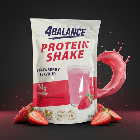 Weiß roter 4balance protein shake pouch erdbeergeschmack 120g mit glänzendem finish und lebhaften erdbeerbildern
