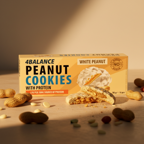Eine packung 4balance peanut cookies 96g mit weißer erdnuss-proteinfüllung und gelb-orange gestaltetem design
