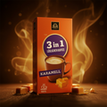 Orange barollini löslicher kaffee 3in1 karamell 128g mit lila rundem label und dampfender tasse auf der verpackung
