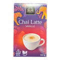 Ein lebendiges violett-rotes paket bardollini vanilla chai latte tee mit tiger- und elefantenillustrationen