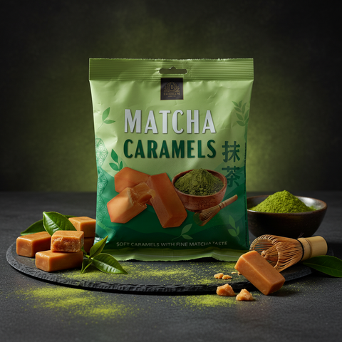 A vibrant green package of matcha caramels 175g with glossy finish and elegant leaf motifs