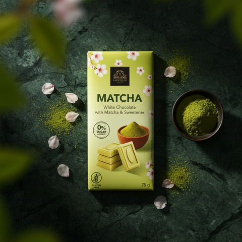 Eine blassgrüne rechteckige weiße schokolade mit matcha und süßstoff in einer verpackung mit kirschblütenmotiven