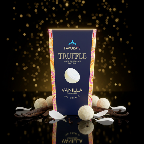 Favoras vanilla creme weiße schokoladen-trüffel in 100g box mit verzierten gold und rosa bordüren