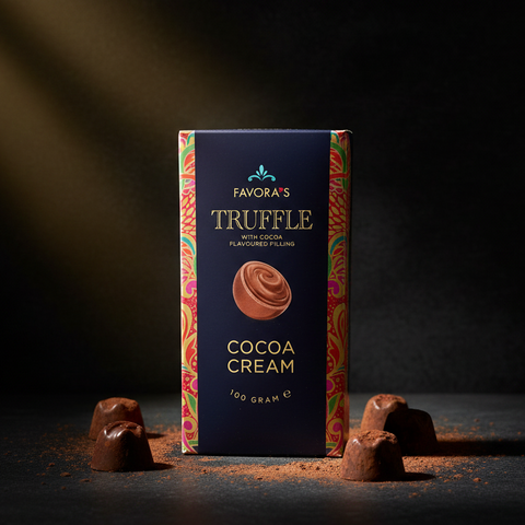 Dunkelblau rechteckige schachtel mit favors cacao creme trüffelschokolade 100g und rot gold verziert