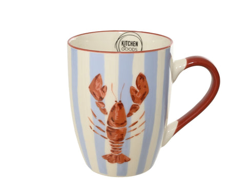 A ceramic mug with vertical light blue and white stripes featuring a red lobster design and matching handle kitchen goods becher hummer