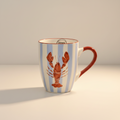 Ceramic becher mit vertikalen hellblauen und weißen streifen, rotem hummermotiv und passendem griff