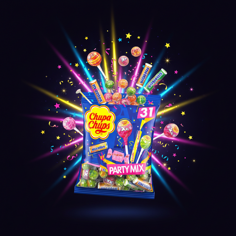 Eine lebendige blaue chupa chups party mix 300g tüte mit bunten lutschern und harten bonbons