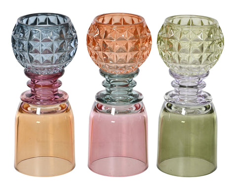 Teelichthalter glas 3col ass