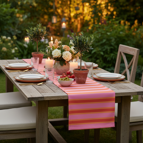Ein tischläufer gestreift outdoor in lebendigem pink und orange aus glattem, gewebtem stoff