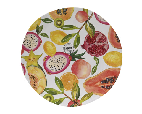 Teller fruchtmuster ø 21,5 cm mit buntem, aquarell-artigem fruchtmotiv aus drachenfrucht, zitronen, granatäpfeln und kiwis auf weißem grund