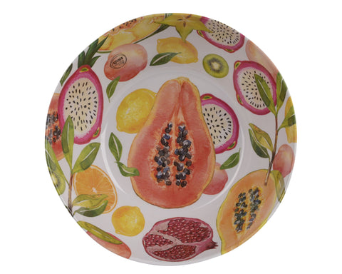 Schale fruchtmuster XL ist eine runde melonenmotiv schale mit glänzender oberfläche und bunten fruchtillustrationen