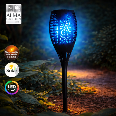 Schwarze aluminium tiki fackel solar gartenleuchte mit blauen mustern leuchtend solarfackel 3in1 farbwechsel 12x78 cm