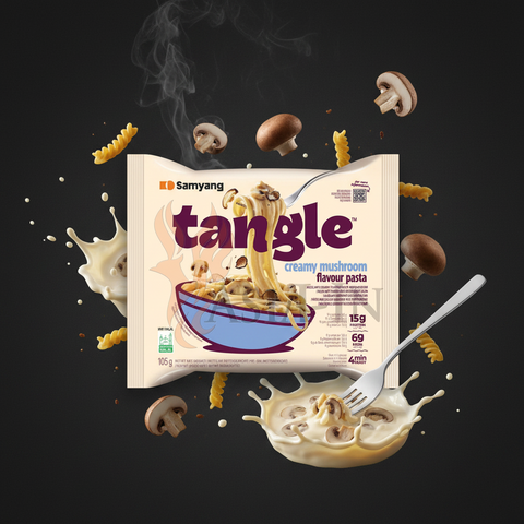 Samyang tangle cremige pilz pasta in beige-lila verpackung mit spiralen und pilzabbildung in blauer schüssel