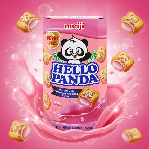 Rosafarbene meiji hello panda dose mit erdbeergefüllten keksen und einem panda-cartoon auf der verpackung