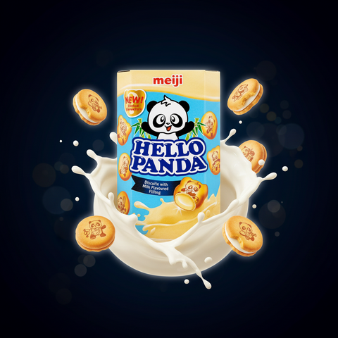 Hello panda biscuit mit milchcremefüllung 50g in buntem blau-gelbem paket mit panda-motiv keksen