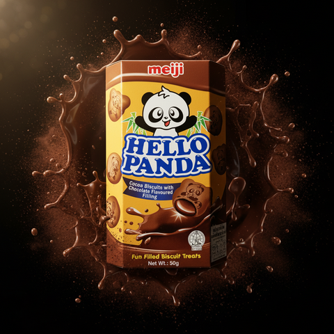 Packung hello panda schokoladenbiscuit 50g mit kakaofüllung und panda-cartoon in gelb braunem design
