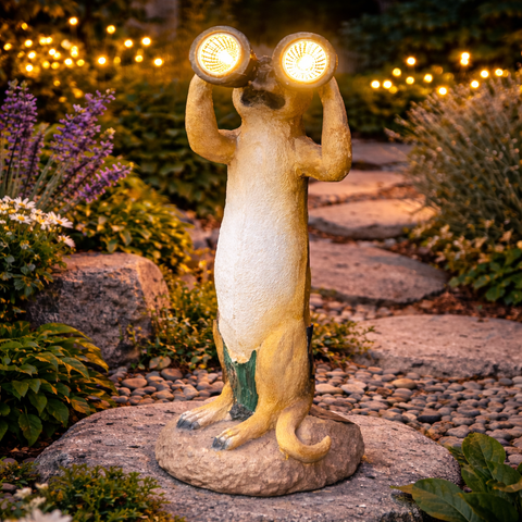 Led solar erdmännchen 34 cm in gelb und weiß mit grünen akzenten auf steinbasis hält zwei beleuchtete ferngläser