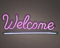 Led-schild neon welcome mit leuchtend pinkem neonschriftzug in kursiv und horizontalem lichtbalken darunter