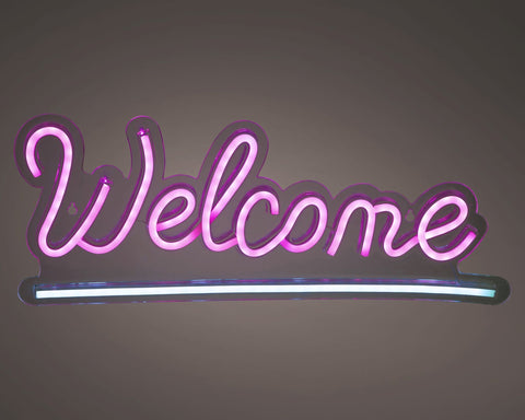 Led-schild neon welcome mit pink leuchtendem, kursivem schriftzug und horizontalem lichtbalken aus led-material