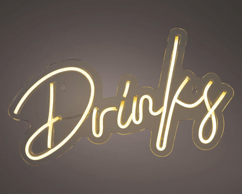 Ein LED-schild neon drinks mit einem warmen goldenen licht in eleganter kursiver schrift