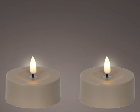 Two cremefarbene led-teelichter mit realistischem flammeneffekt aus braunem kunststoff 7x7x3,2 cm