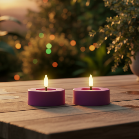 Zwei dunkelrosa led-outdoor-teelichter 6,5x6,5x5 cm mit leuchtender flamme auf holzoberfläche